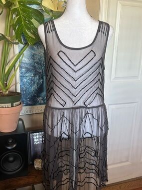 Free People Embellished Mesh Mini Slip in Charcoal. Size M NWT